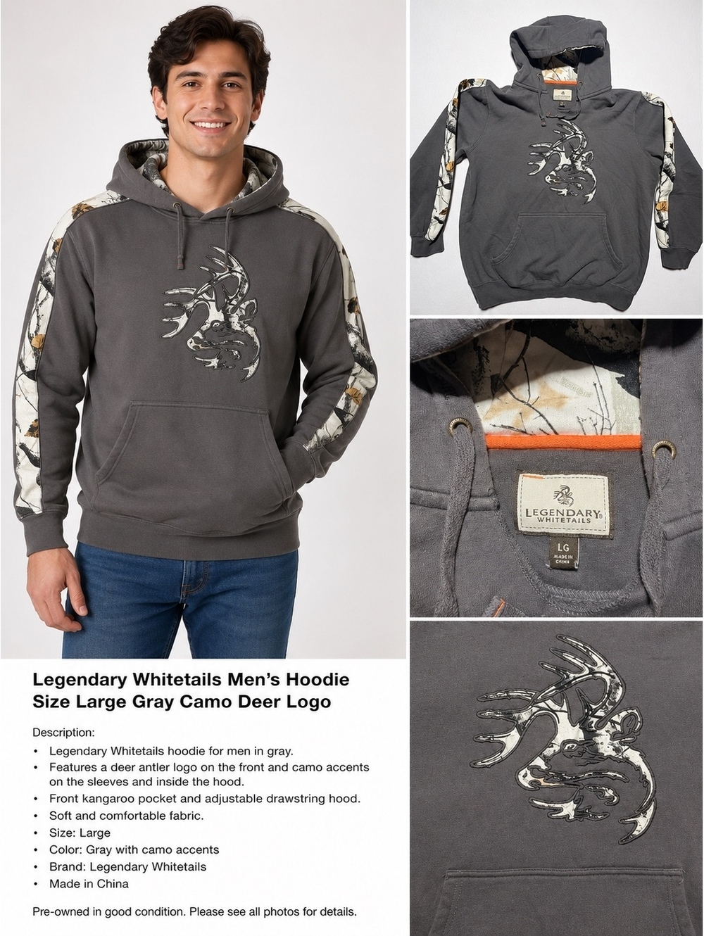 Legendary Whitetails Men’s Hoodie Size Large Gray Camo Deer Hunting Pullover